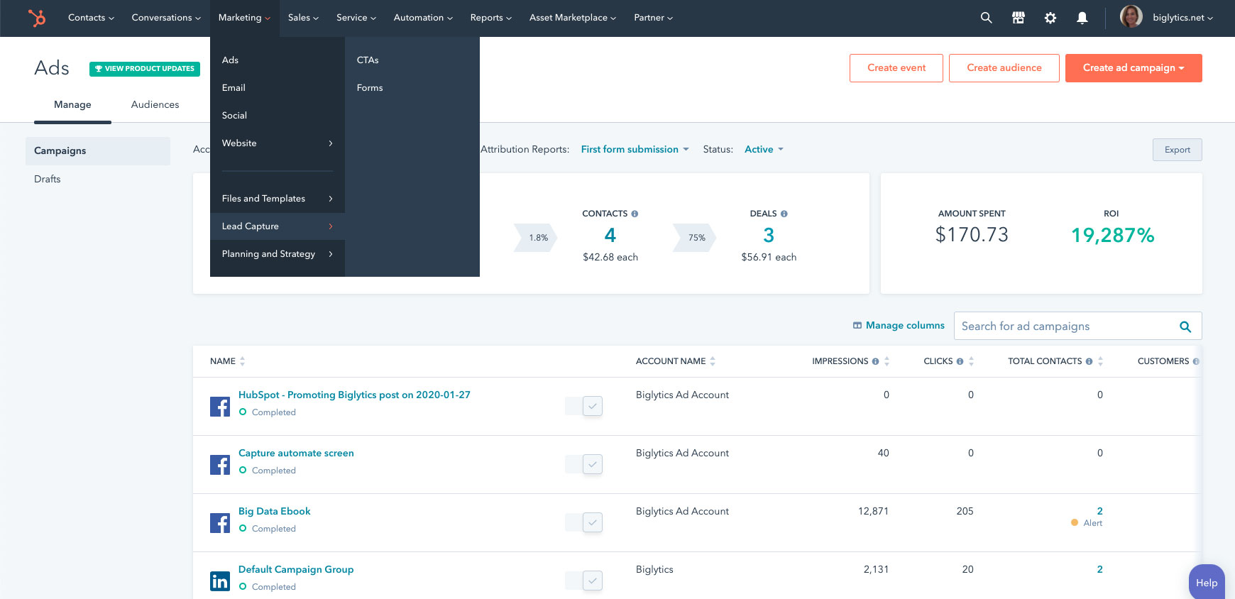 HubSpot screen shot